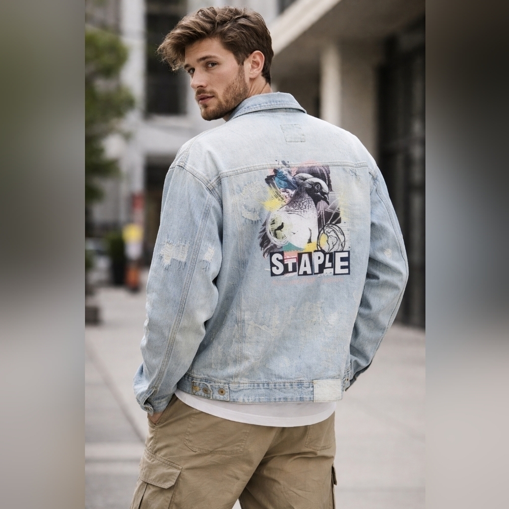 NEW Staple Pigeon Light Blue Denim Jacket Men's Size 3XL Lobg Sleeve